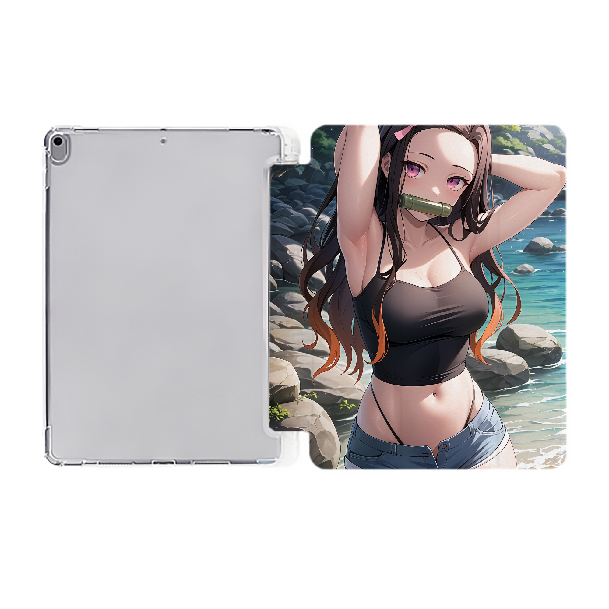 （画像用） 鬼滅の刃（きめつのやいば）竈門 禰󠄀豆子／かまど ねずこ Kamado Nezuko IPad ケース ペン収納付き 三つ折りスタンド PUレザー×シリコン 対応機種9.5/10.5/10.9インチ